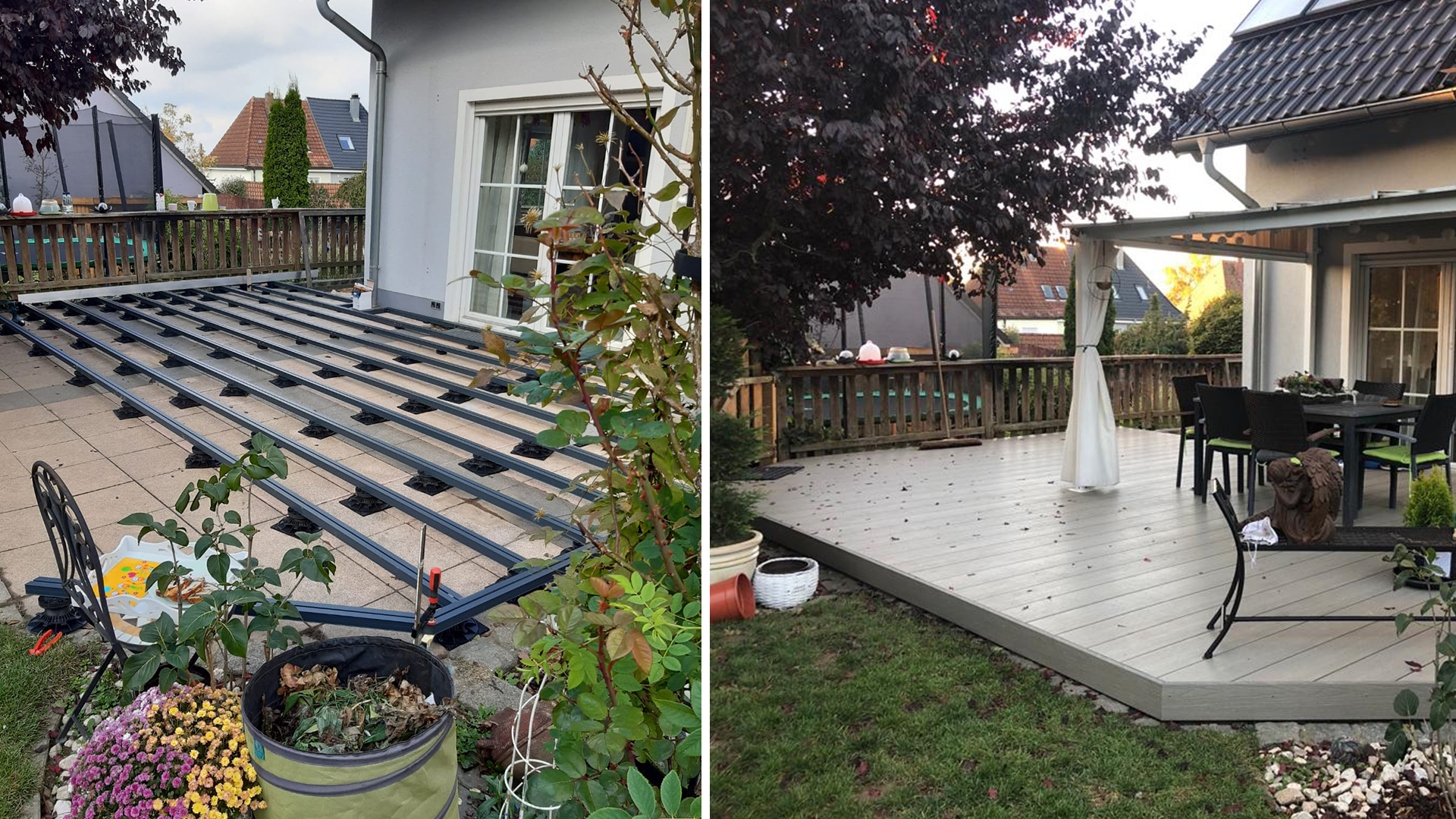 Vorher-Nachher Bild einer erfolgreich verlegten WPC-Terrasse