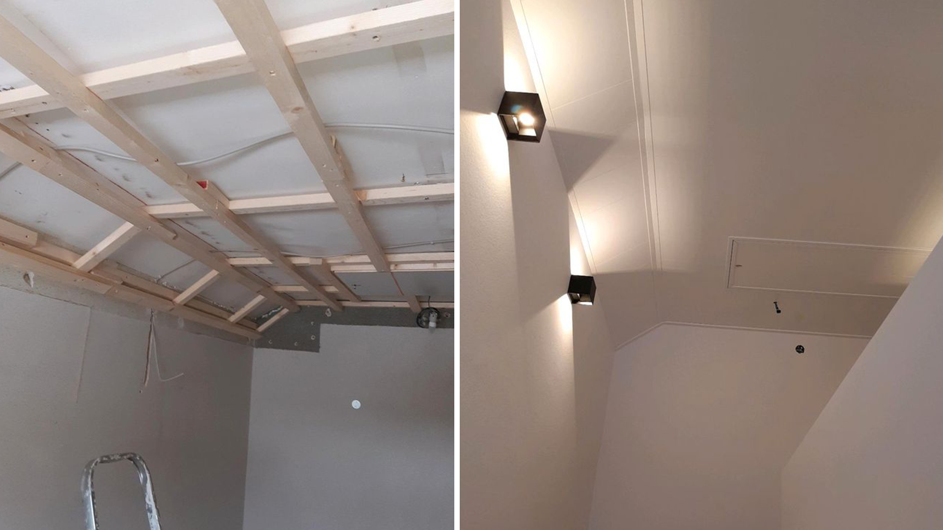 Vorher-Nachher Bild von erfolgreich verlegten Deckenpaneelen