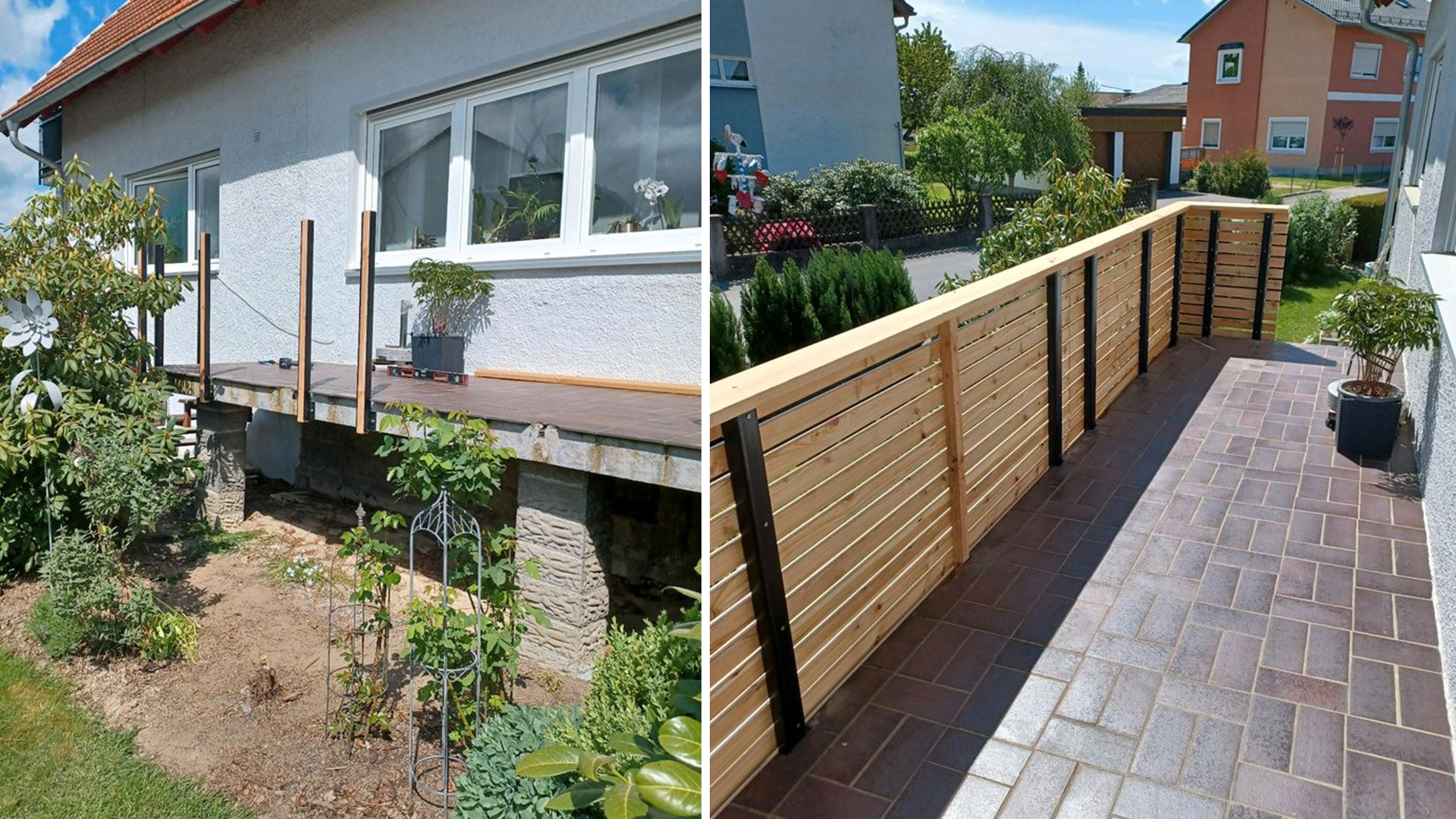 Vorher-Nachher Bild eines individuell geplanten Balkongeländers