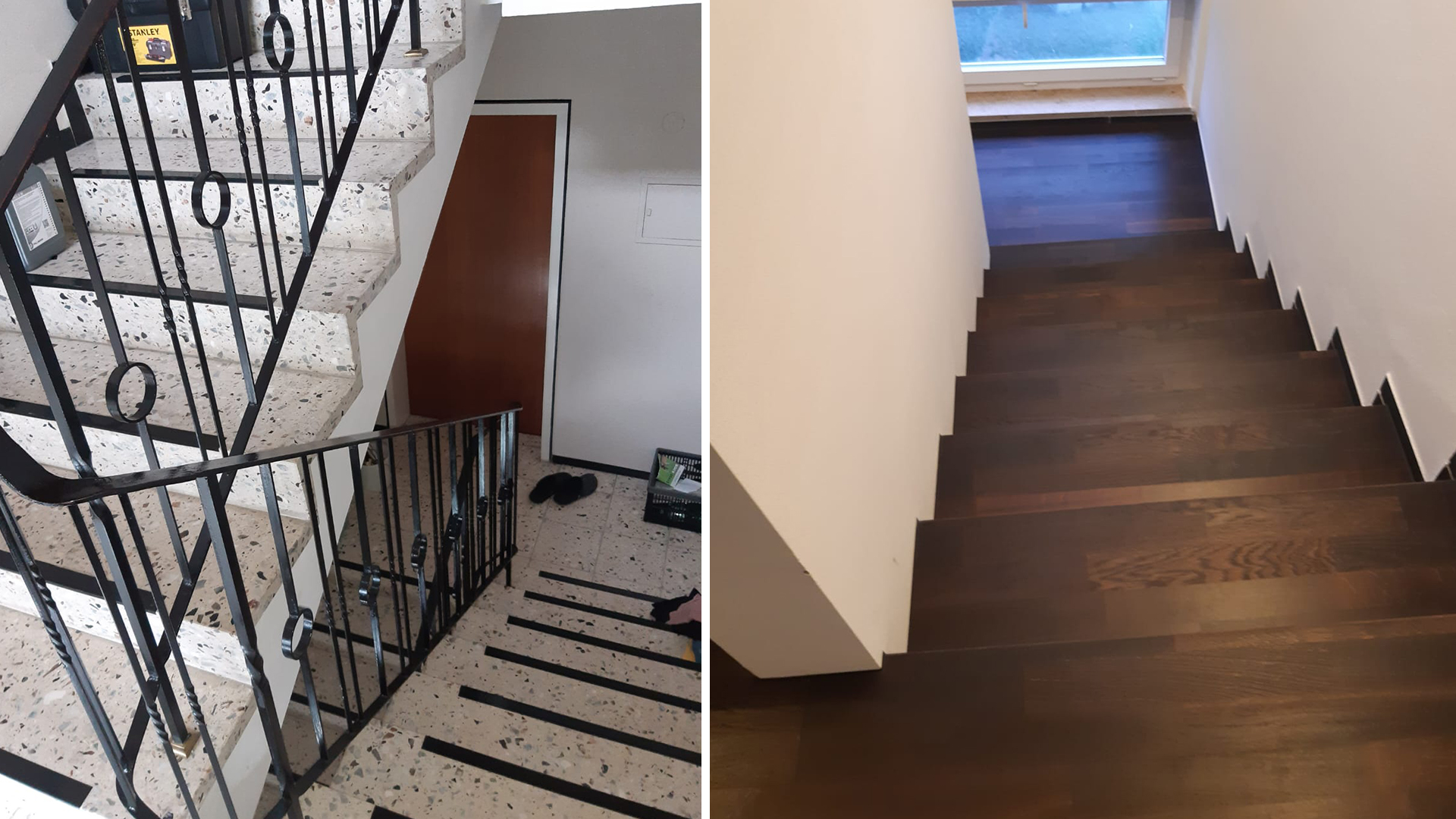 Vorher-Nachher Bild eines komplett neu aufgebauten Treppenhauses